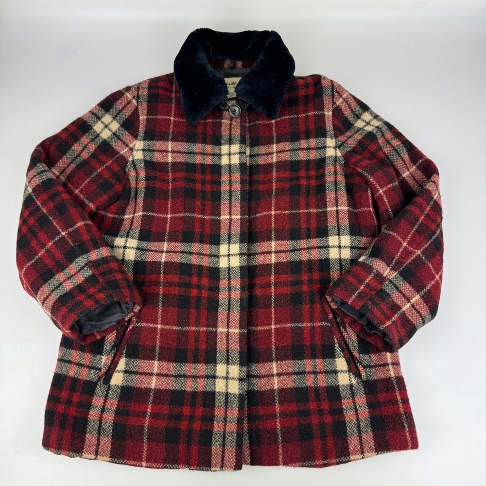 Eddie Bauer Womens Size M Wool Jacket Red Plaid Faux Fur Trim